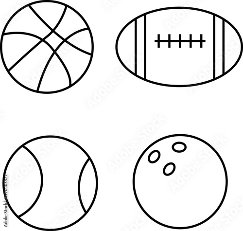 Line art illustration of a basketball football baseball and bowling ball