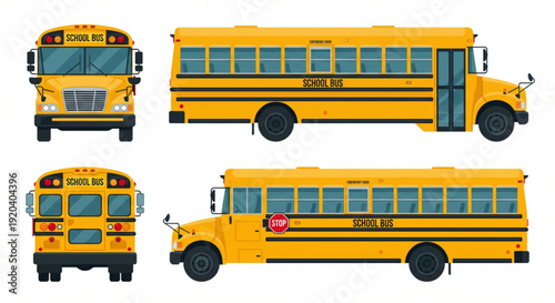 Yellow school bus vector art from front, side, back, and diagonal perspectives for educational transport concepts