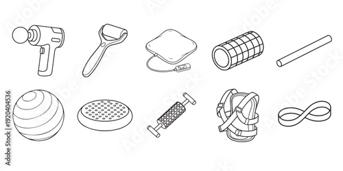 Recovery and Rehabilitation Equipment Line Icon Set for Muscle Relief and Physical Therapy.