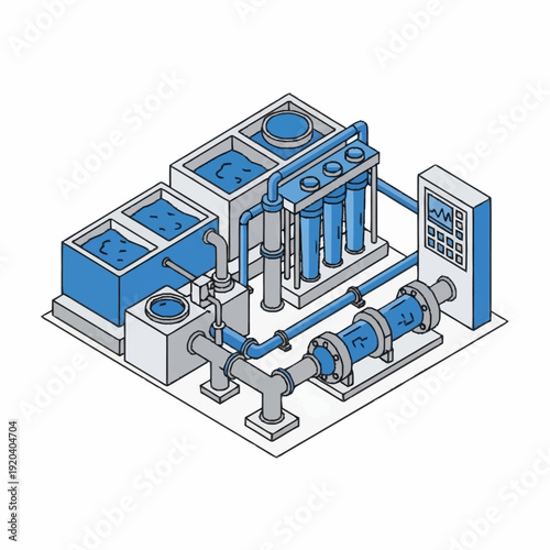 Isometric illustration of industrial water treatment system components.