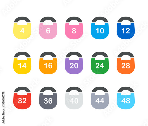 Kettlebell Weights Icons Set with Numbers. Competition kettlebell Colorful solid glyph vector collection for gym, workout, strength training. Isolated sport style bells icons on white background.