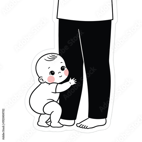 Adorable baby hugs parent's leg with love