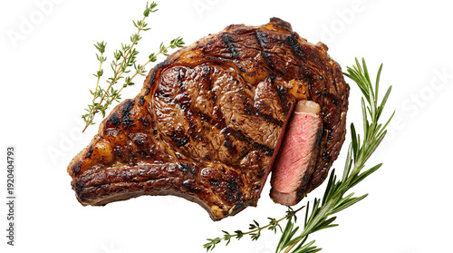 Grilled steak with herbs and seasoning on a plain white background showcasing its rich color and texture plain white background and png