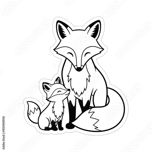 Adorable Fox Family Duo Black White Art