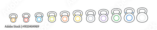 Fitness kettlebell icons set in outline style. Linear stroke vector collection with colored rings, gym workout symbols, isolated on white background
