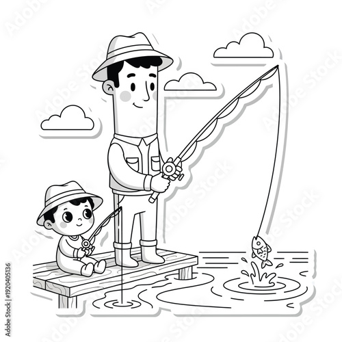 Father and son fishing together on a dock