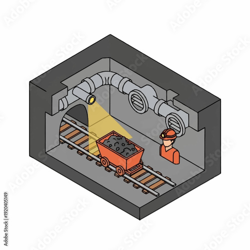 Isometric illustration of a miner operating a coal cart in an underground mine.