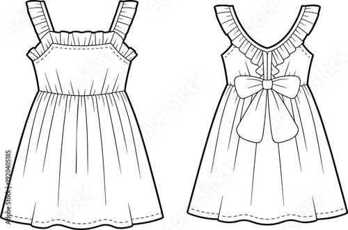 Cute Baby Girl Dress Illustration Set, Front and Back View Toddler Summer Outfit, Hand Drawn Black and White Line Art Isolated