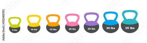 Soft kettlebell weights icons set with lbs numbers. Female Kettlebell for home training, kids and women.  Colorful solid glyph vector isolated on white background
