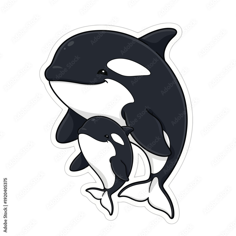 Fototapeta premium Cute Orca Mother and Baby Sticker