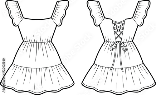 Cute Girls Flutter Sleeve Dress Illustration, Front and Back View Summer Outfit with Lace Up Detail, Black and White Line Art