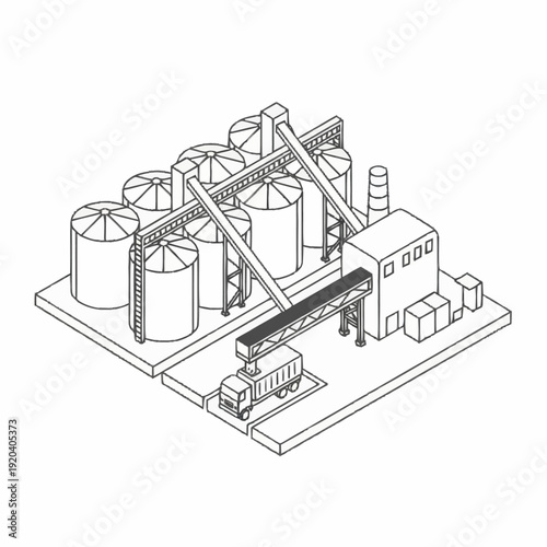 Industrial Grain Storage Facility with Silos and Conveyors.