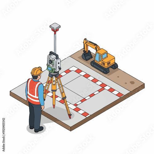 Surveyor using GPS equipment on construction site with excavator.