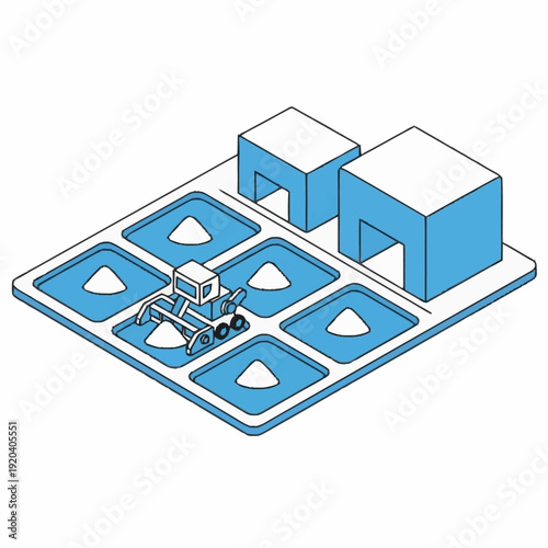 3D illustration of construction site with excavator and buildings.