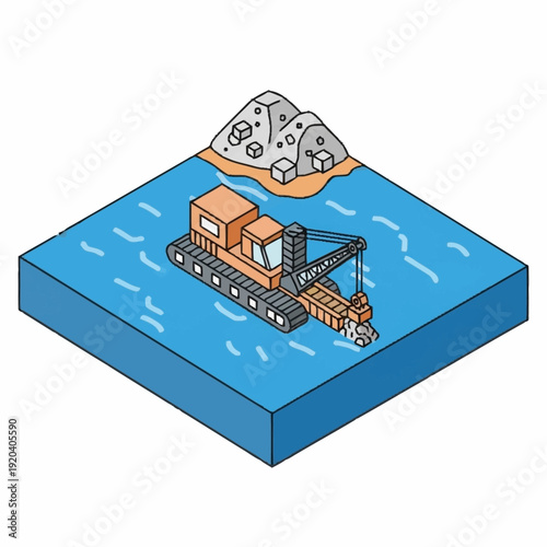 Dredging machine operating in water with rocks.