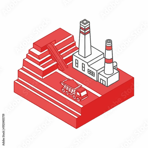 Industrial factory with smokestacks and coal storage.