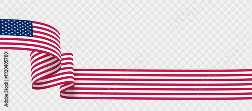 A curved ribbon in the colors of the American flag with stars and stripes. Patriotic banner isolated on a transparent background. Suitable for website headers, banners, landing pages, and advertising