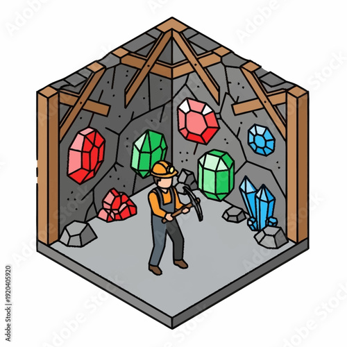 Miner extracting precious gems in an underground mine.