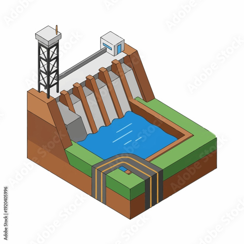 Isometric illustration of a hydroelectric dam with water reservoir and power generation facilities.