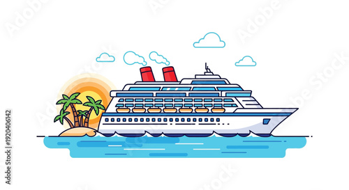 A colorful cruise ship sails toward a sunset with palm trees and clouds creating a striking silhouette high quality professional detailed