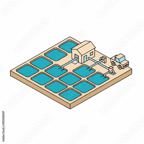 Isometric illustration of a wastewater treatment plant with tanks and machinery.