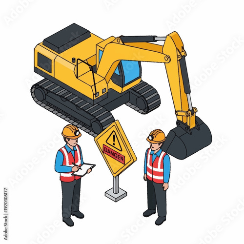 Construction workers inspecting excavator with caution sign.