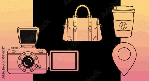 Camera Handbag Phone Coffee Cup Map Pin.