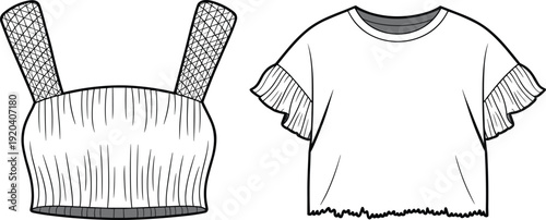 Women’s lace strap crop top and ruffle sleeve t shirt technical fashion flat sketch, front views, detailed apparel design illustration