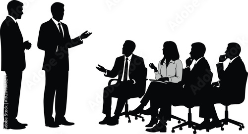 Business meeting silhouette illustration, corporate teamwork artwork, professional communication design tribute, leadership collaboration graphic, office strategy concept,  illustration