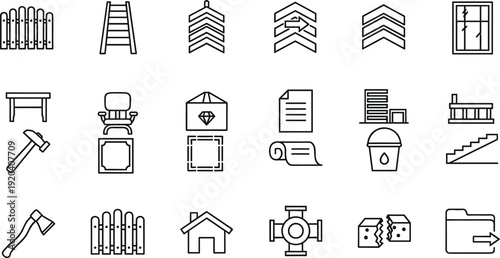 Construction and Home Improvement Line Icons Set Featuring Tools Fencing Roofing Windows and Building Materials Vector Collection