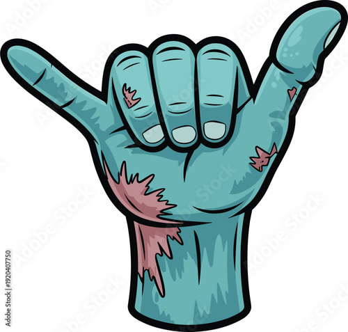 A cartoon hand with a zombie-like appearance showing a gesture with exposed flesh and bones
