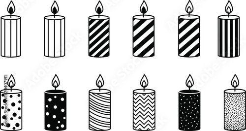 Black and white vector illustration of assorted decorative candles with unique patterns, burning flames, minimalist line art set isolated on light background.
