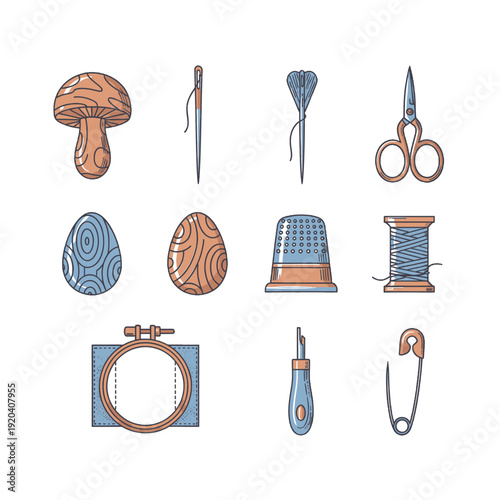 Sustainable slow fashion mending icons and textile repair tools for circular economy initiatives and professional garment maintenance education featuring traditional darning and sewing solutions.