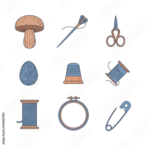 Sustainable slow fashion mending icons and textile repair tools for circular economy initiatives and professional garment maintenance education featuring traditional darning and sewing solutions.