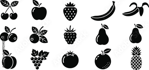 Black fruit icon collection featuring apple, banana, strawberry, grape, pineapple and more in minimalist vector silhouette style for healthy food design projects.
