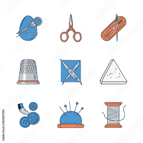 Sustainable garment repair icons and textile mending equipment for circular fashion initiatives and professional clothing maintenance education featuring traditional darning tools and sewing solutions