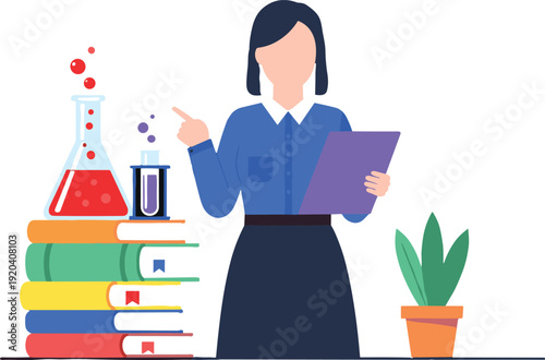 Female Scientist or Teacher Pointing at Chemistry Beakers on Books, Education and Laboratory Research Vector Illustration for Science Concept