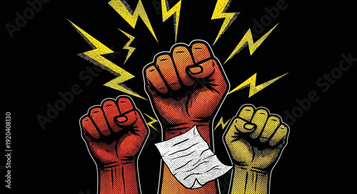 Hands holding megaphone and microphone around crumpled paper.