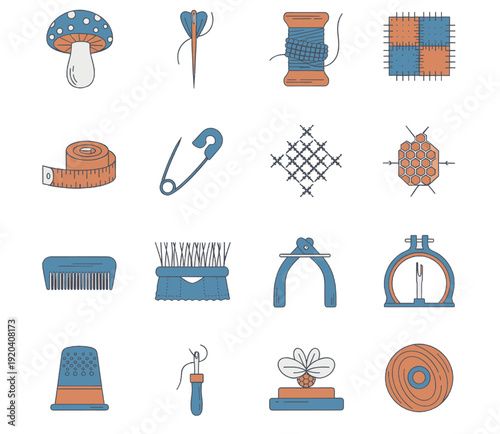 Sustainable repair economy symbols and textile mending equipment for circular fashion initiatives and clothing longevity education featuring professional darning tools and sewing solutions.