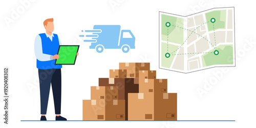 Delivery Man Checks Logistics Route on Tablet with Boxes and Fast Shipping Truck
