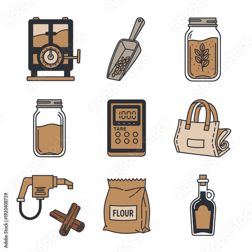 Sustainable bulk grocery infrastructure icons and reusable packaging systems for eco friendly retail operations and circular economy waste reduction solutions.