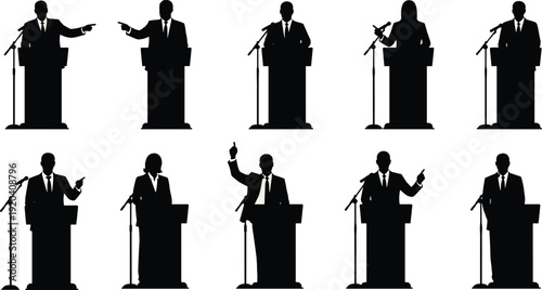 Public speaking podium silhouette illustration, debate presentation artwork, leadership communication design tribute, professional speech graphic, formal address flat vector illustration