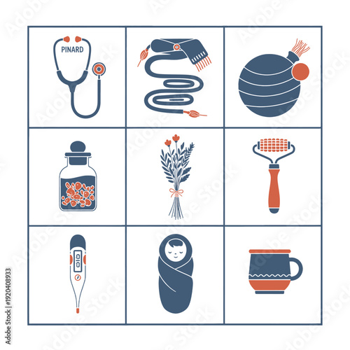 Holistic home birth wellness icons and maternal healthcare equipment for natural childbirth support and professional pregnancy wellness education.