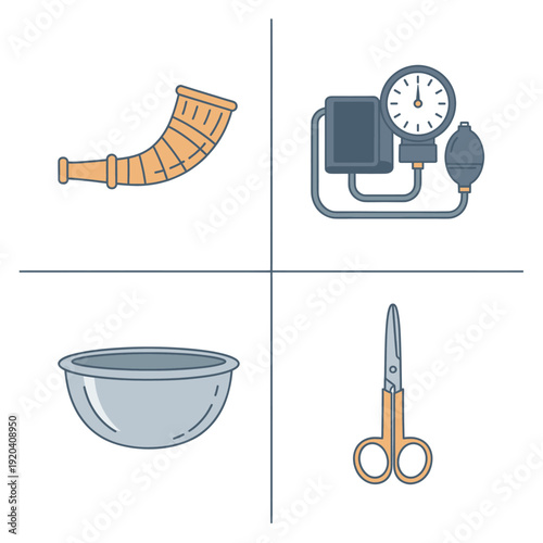 Maternal healthcare monitoring equipment icons and midwifery tools for professional pregnancy support and holistic childbirth education.