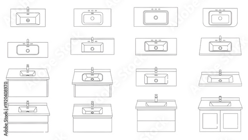 Countertop Wash Basins on Vanity Units Vector Set – Bathroom Plan View Outline CAD