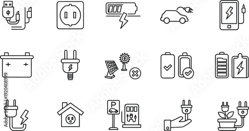 Electric Vehicle and Charging Station Line Icons Set Featuring Battery Plug Solar Power and Energy Solutions Vector Collection