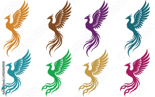 Set of flying phoenix bird icons with elegant long tails.