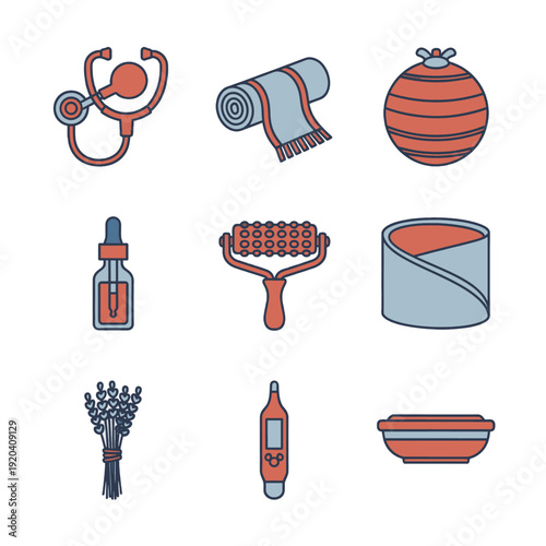 Maternal healthcare and holistic midwifery equipment icons for natural childbirth support and professional pregnancy wellness education.