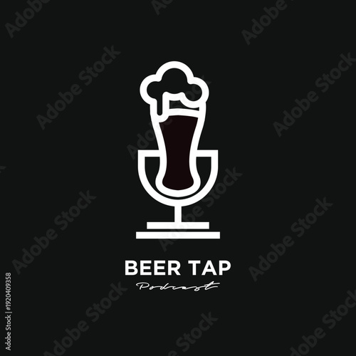 Minimalist Beer Tap Podcast Logo Design with Stylized Beer Glass and Microphone Icon