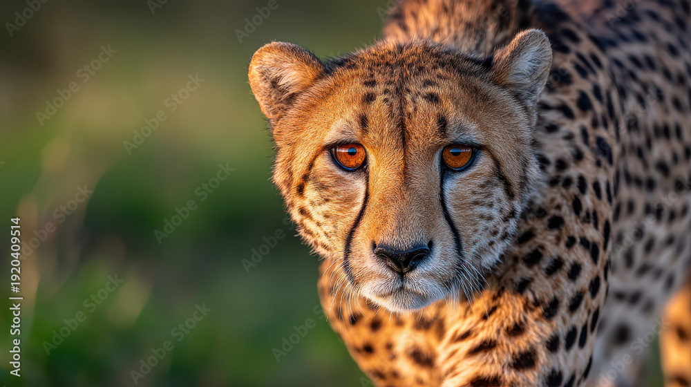 Fototapeta premium Intense close up portrait showing determined african cheetah gazing forward in warm savannah sunset light with blurred nature background